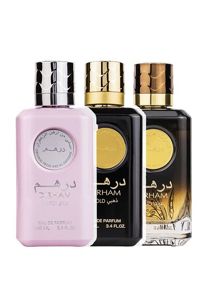 ARD AL ZAAFARAN Pack of 3 perfumes, Dirham Wardi 100 ml, Dirham Gold 100 ml and Dirham Oud 100 ml