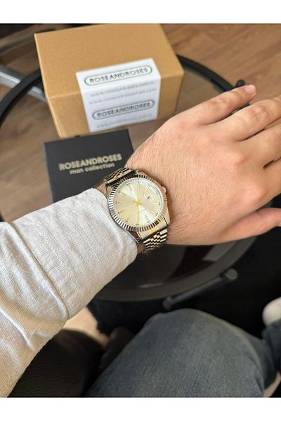 RoseandRoses Ronan New Season Men's Wristwatch with Calendar Gold-Silver (White Dial)