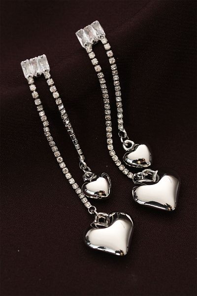 AfraBeauty Steel Silver Color Stone Curved Heart Long Earrings |   Stylish & Durable Women's Earrings
