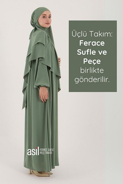 ASİLNUR Asil Ferace Souffle Veil Set Water Green