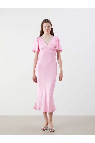 LC Waikiki V Neck Gathered Satin Dress
