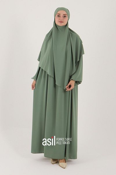 ASİLNUR Asil Ferace Souffle Veil Set Water Green