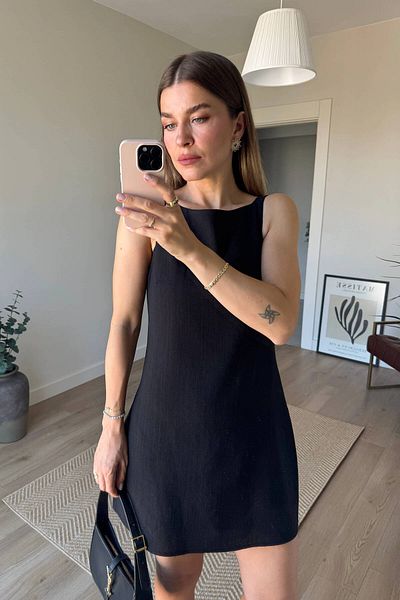 Sue Store Rochie neagră din in premium, căptușită cu bretele