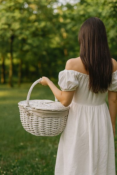 YUNUSOĞLU HOME White Wicker Picnic Basket 40X30X19 cm – Thermoformed Basket with Lid and Cream Fabric Detail