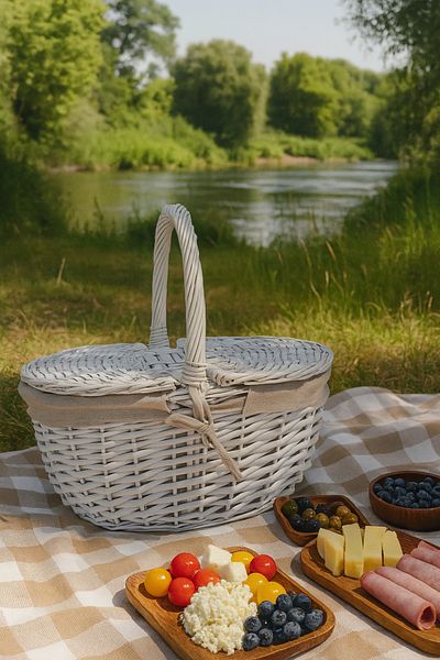 YUNUSOĞLU HOME White Wicker Picnic Basket 40X30X19 cm – Thermoformed Basket with Lid and Cream Fabric Detail