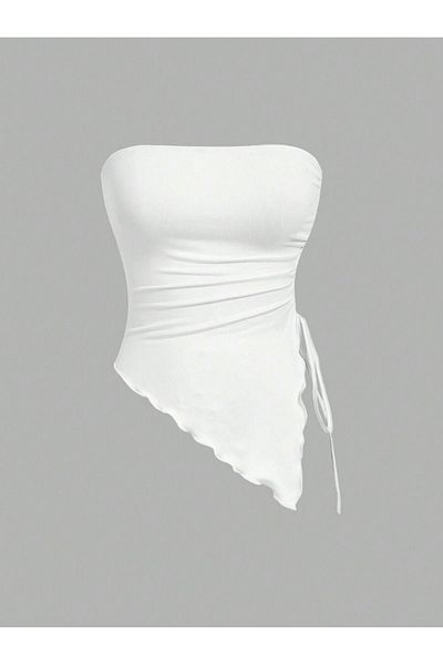 meren like your style White Strapless Asymmetrical Lycra Side Gathered Elastane Blouse.