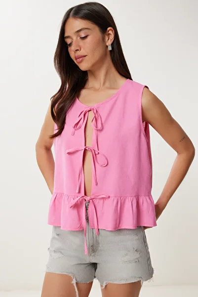 Lovelyİstanbul Linen Blouse with Tie Detail Pink Lmx0097