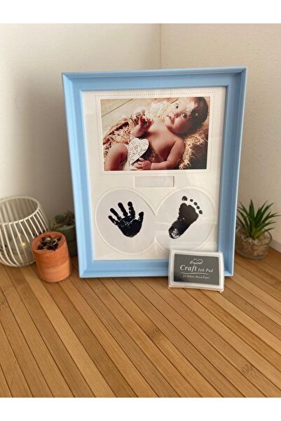 Tasarım Baskı Kitli Yeni Doğan El ve Ayak İzi 22x27cm Mavi Fotoğraf Çerçevesi