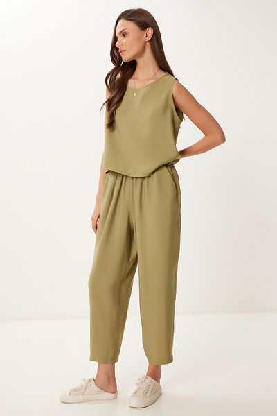 Lovelyİstanbul Sleeveless Blouse Pants Set Olive Green Lmc0058