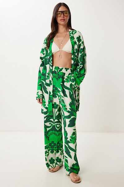Lovelyİstanbul Patterned Summer Viscose Kimono Pants Set Green Bone Lje0003