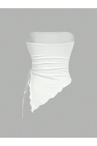 meren like your style White Strapless Asymmetrical Lycra Side Gathered Elastane Blouse.