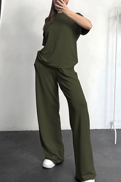ruNadeS Women's Short Sleeve Summer Two Thread Combed Wide Leg Sweatpants Set