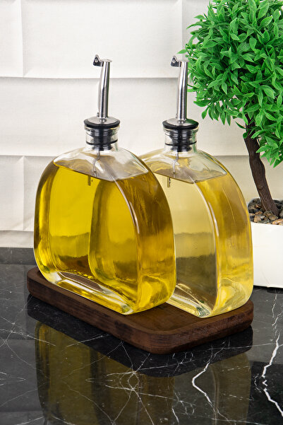 DNS HOME Set of 2 Oval Glass Oil Pot with Wooden Stand Silver Lid Sunflower Oil Olive Oil Label Sauce Bowl Vinegar Bowl