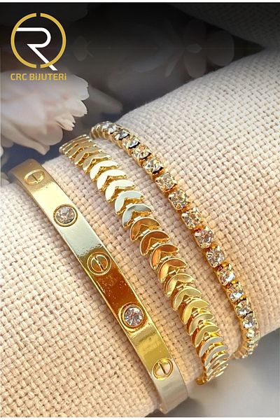 Crc Bijuteri Women's Gold Color 3-Piece Combination Bracelet Set