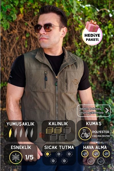 Azıcık Akıllı Men's Green Seasonal Breathable Quick Dry Multi-Pocket Tactical Sleeveless Vest 25Eylkjpbl