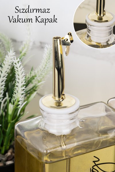 dnshome 2li Lüks 500ml Yağdanlık Ahşap Stantlı Gold Kapak Cam Yağlık Ayçiçek Yağı Zeytinyağı Sosluk Sirkelik