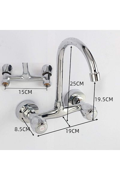 GENERAL WSLWJH Brass Double Basin Mixer, Cold and Hot, Wall Mounted, 2 Holes, for Kitchen or Bathroom