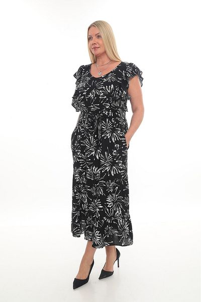 etselements Flounce Sleeve V Neck Belted Patterned Long Viscose Dress 5284