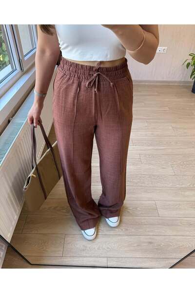 LUMİART λινό παντελόνι palazzo μακρύ πόδι