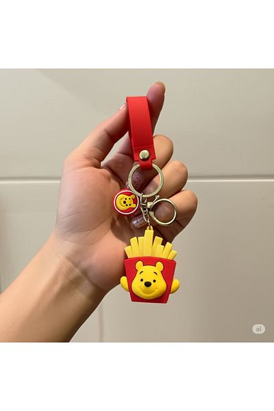 EFAYNU Winnie Themed French Fries Shaped Cute Keychain – Soft Silicone, Red Strap