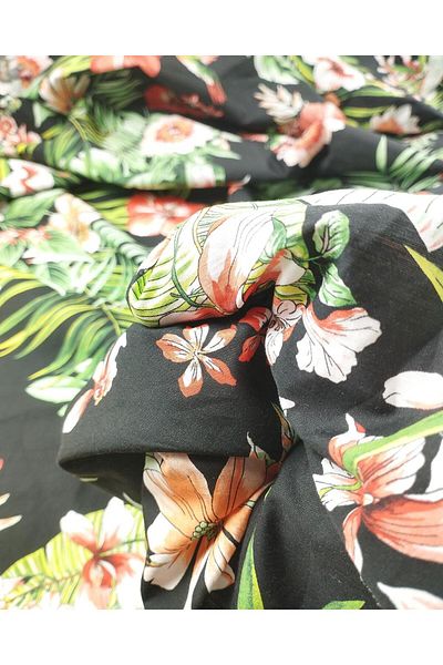 Kumaş Parça Black Floral Poplin Width: 150