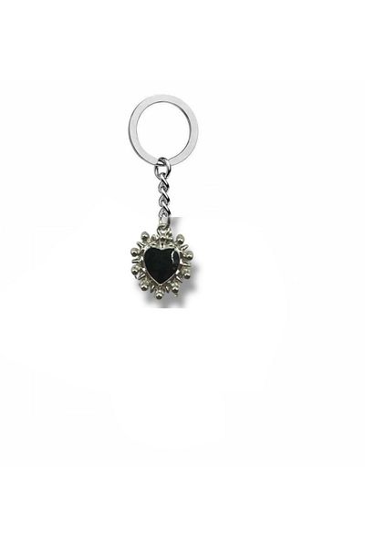 Herşey Nota Unisex Keychain with Black Stone Heart Figure – Elegant and Gothic Accessory