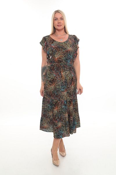 etselements Flounce Sleeve V Neck Belted Patterned Long Viscose Dress 5284