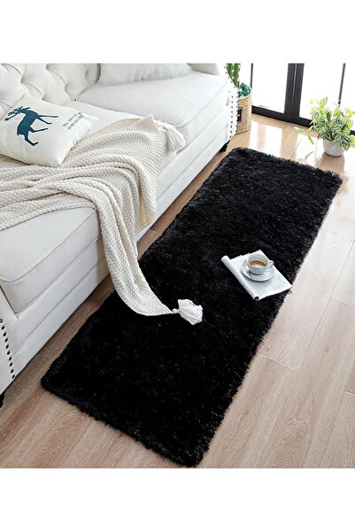 NARVEN HOME Siyah Peluş Halı Yumuşak Kaymaz Taban Antibakteriyel Salon Korido...
