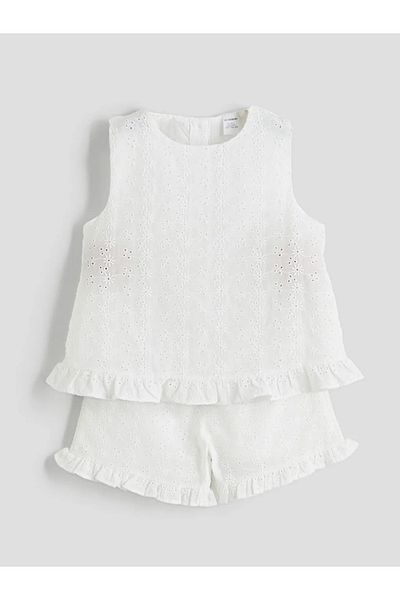 LC Waikiki Lcw Kids Ecru Embroidered Girl's Blouse and Shorts 2-Piece