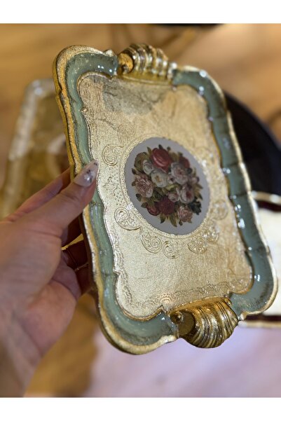 masi ESTERHOMEDECOR Tek kişilik orijinal Gül ağacı çiçekli dikdörtgen sunum tepsisi yeşil 30cm Masi