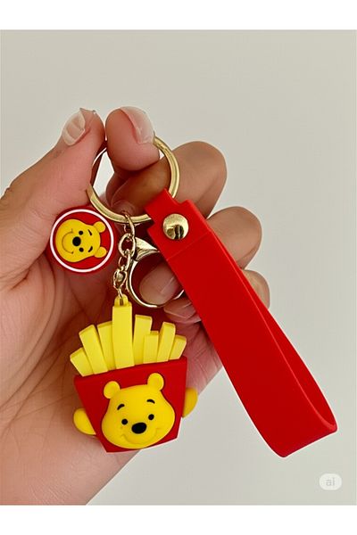 EFAYNU Winnie Themed French Fries Shaped Cute Keychain – Soft Silicone, Red Strap