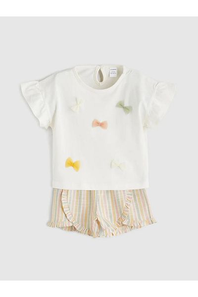 LC Waikiki Lcw Kids Ecru Crew Neck Bow Detail Girls T-Shirt and Shorts