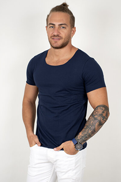 Rizz up Ανδρικό μπλουζάκι με φαρδύ γιακά Navy Blue Lycra 1801199