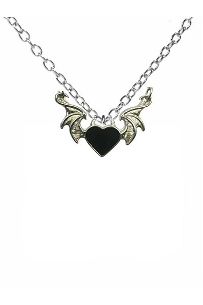 Herşey Nota Gothic Black Heart Heart Decor Double Wing Figured Unisex Necklace – with 60 cm Chain, Gothic and Rebel Style
