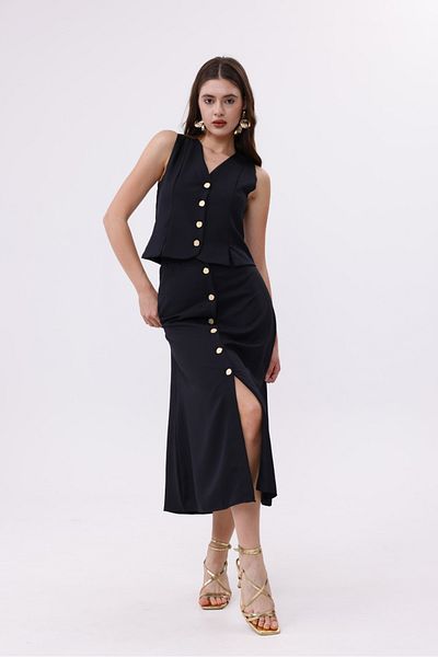 H&A İSTANBUL Women's Black Gold Button Double Suit Crop Lined Vest & High Waist Skirt