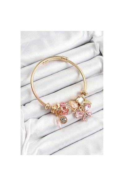 Skygo 316L Steel Pink Zircon Stone Butterfly Model Gold Color Charm Bracelet - Tj-Bb7326