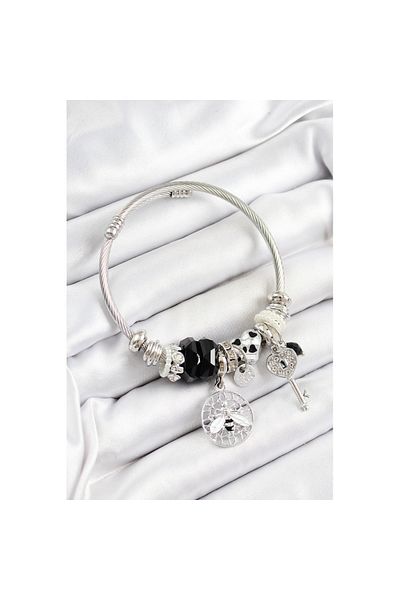 Skygo 316L Steel Black Zircon Stone Owl Bee and Key Model Silver Color Charm Bracelet - Tj-Bb7257
