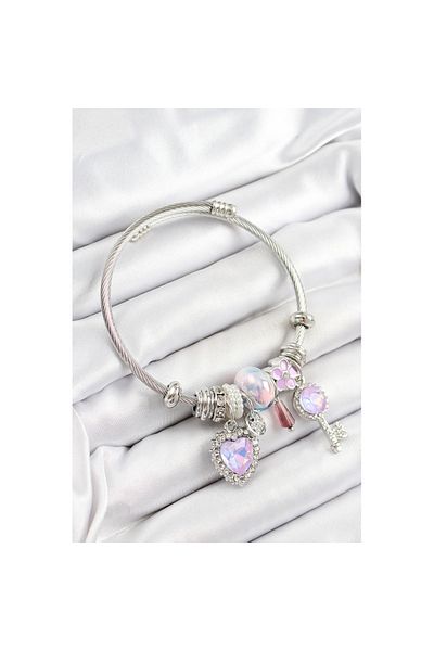 Skygo 316L Steel Pink Zircon Stone Star Key and Heart Model Silver Color Charm Bracelet - Tj-Bb7278