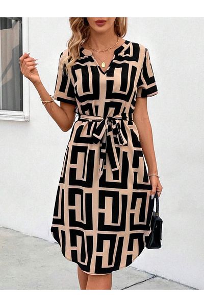 Masspera Rochie de lungime midi cu decolteu în V, cu mâneci scurte, cu model