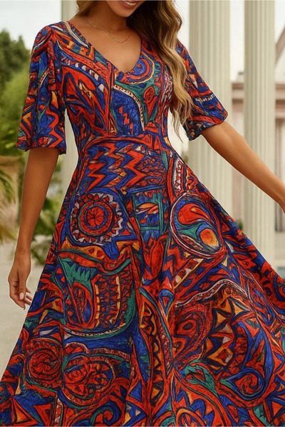 Monapera V Yaka Kısa Kollu Desenli Maxi Boy Elbise