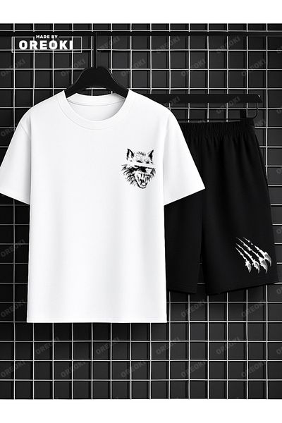 EFFRENATU Scary Wolf Printed Cotton Men's White T-Shirt-Black Shorts Set