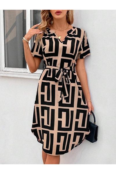 Masspera Rochie de lungime midi cu decolteu în V, cu mâneci scurte, cu model