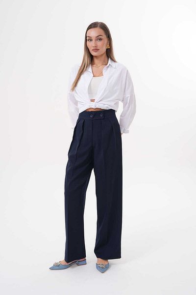 H&A İSTANBUL Women's Navy Blue High Waist Pleated Palazzo Pants