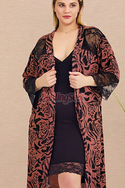 quilling Black Color, Brown Patterned, Strap Sleeve Large Size 2-Piece Mother's Nightgown Set with Dressing Gown - 19237