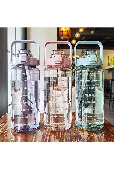 COOYA Portable Large Capacity Water Bottle with a Pop-Up Lid and Time Mark Reminder for Sports 2L Blue