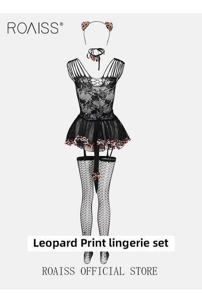 ROAISS Six Piece Leopard Print Lingerie Cut Out Contrast Lace Animal Costume Set for Women Bodysuit for Lad