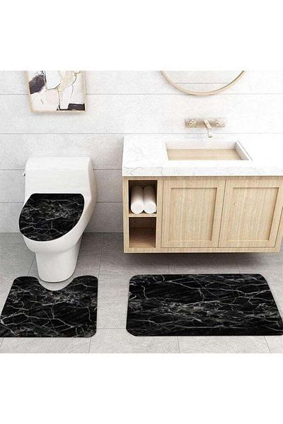 COOYA 3Pcs Bathroom Antiskid Pad, Marble Printed Bath Mat, Super Soft and Fluffy Microfiber Absorbent