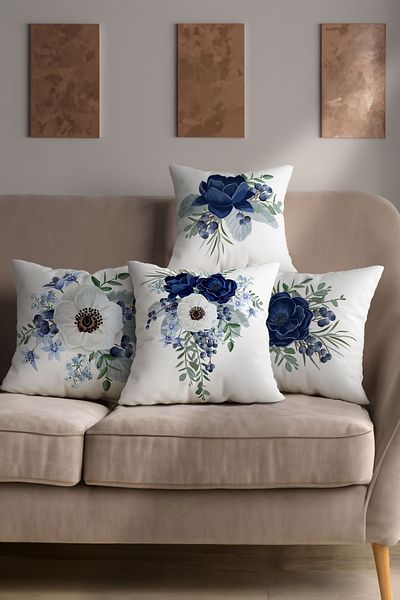 Pillow Dream Nature Themed Floral Patterned Blue Flower White Background 4-Piece Sofa Pillow Cushion Cover Set