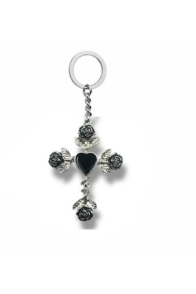 Herşey Nota Unisex Keychain with Gothic Cross Figure with Black Rose – Symbol of Dark Romance and Deep Meanings