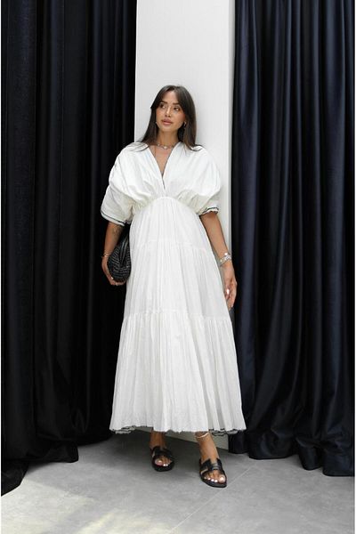 Havoş Ecru Contrast Pleated Long Dress